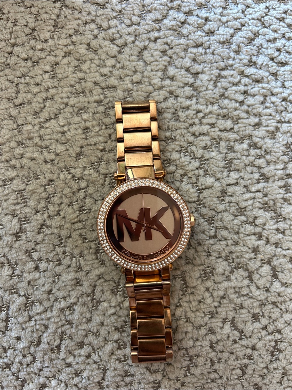 Michael Kors Rose Gold-Tone Crystal Bezel MK Logo Bracelet Watch